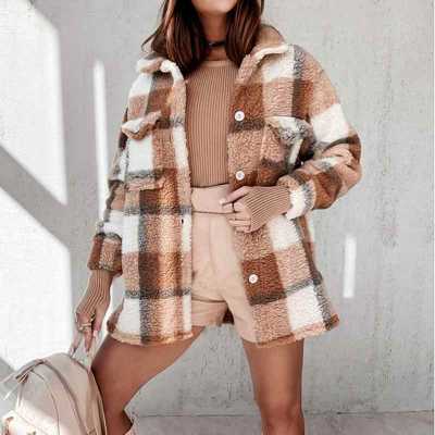 2021 Autumn Winter Lamb Wool Coat Women's Jacket Fleece Shaggy Warm Oversized Furry Overcoat Outerwear Casual Plaid Print Coat