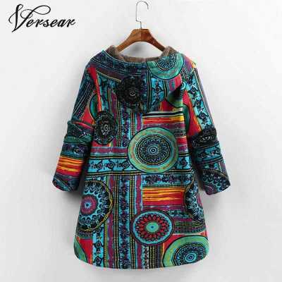 Female Jacket Plush Coat Women Windbreaker Winter Warm Outwear Floral Print Hooded Pockets Vintage Oversized Coats Plus