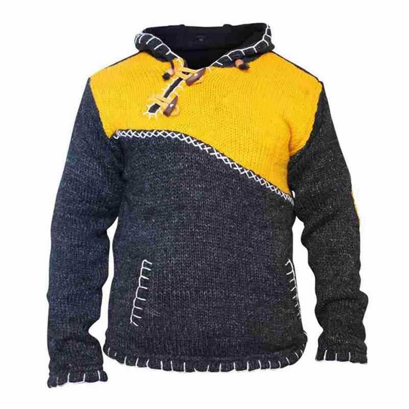 Thick Men For Sweater Vintage Winter Warm Knitted Long Hooded Sleeve Pullover Jumper Spring Men's Harajuku Patchwork Hoodie Tops