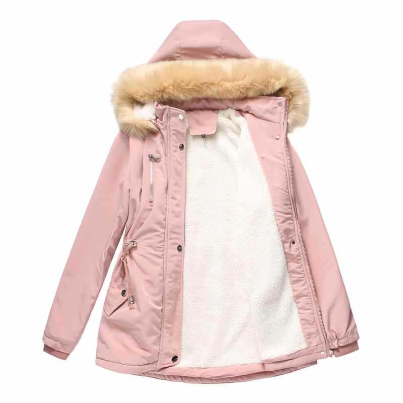 Fashion Velvet Women Cotton padded Jacket Plush Hooded Fur Collar Winter Coat Warm Parka Plus Size Khaki Solid Color Tops Ladies