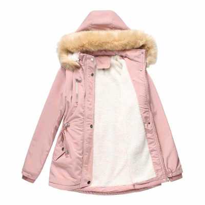 Fashion Velvet Women Cotton padded Jacket Plush Hooded Fur Collar Winter Coat Warm Parka Plus Size Khaki Solid Color Tops Ladies