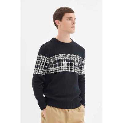 Male Slim Fit Bike Collar Plaid Panelled Knitwear Sweater