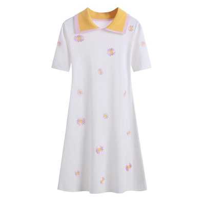 2020 Spring Knited Chrysanthemum Embroidered Polo Dress Woman Black Casual Knee length Straight Dresses Female
