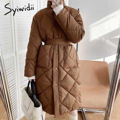 2021 Winter Jacket Women Argyle Plaid Long Coat with Belt Stand Collar Button Up Oversize Loose Parkas Ladies Outerwear