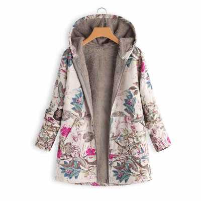Vintage Ethnic Style Coat Women Floral Print Hooded Pockets Zipper Jacket Coats Fleece Lining Winter Warm Parka Outwear L5