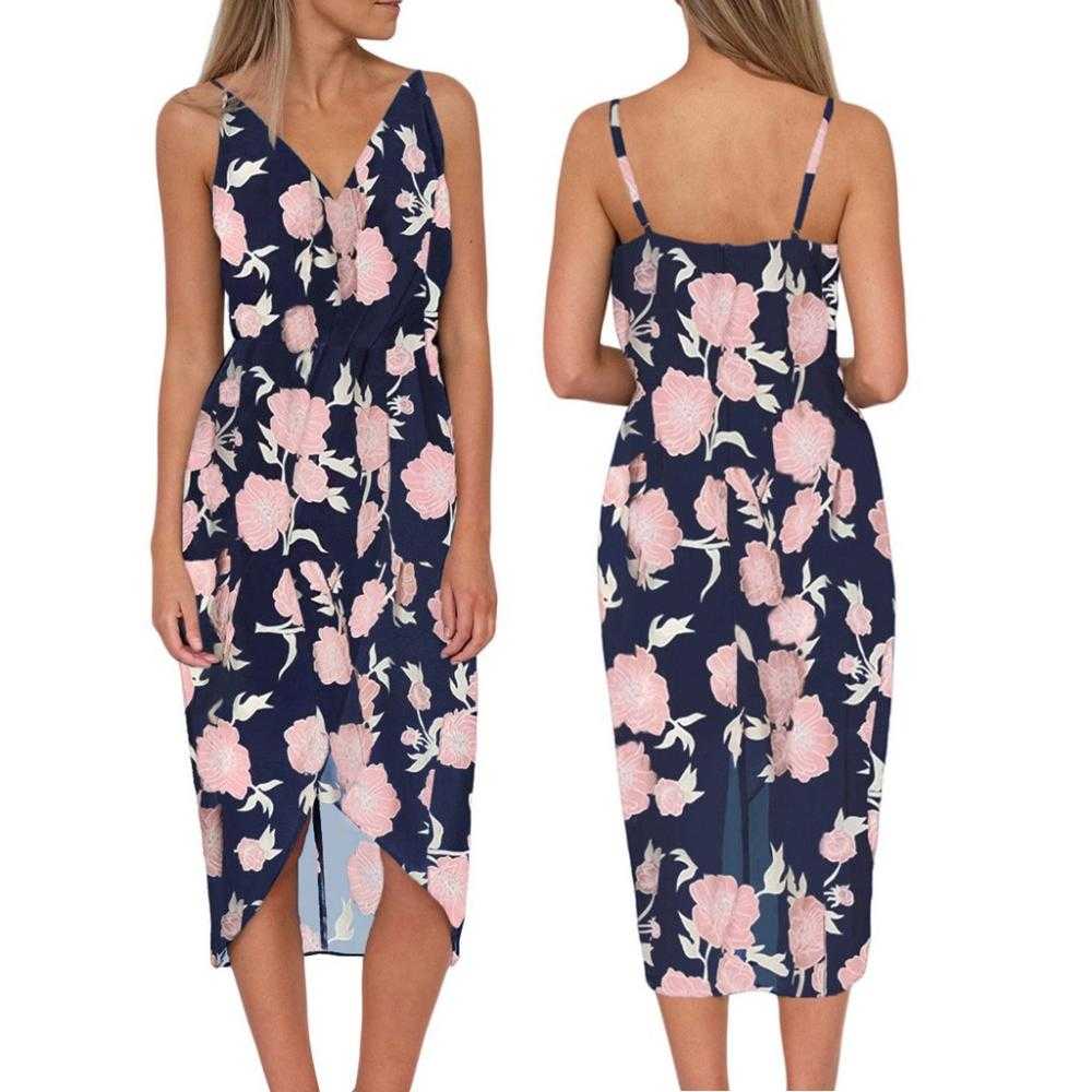 Floral Spaghetti Dress 2020 Women Lady V neck Camisole Sleeveless V neck Suspender Printed Irregular Dress #3
