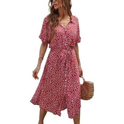 Women Summer Casual Short Sleeve Ditsy Floral Midi Dress