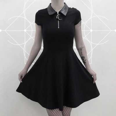 Gothic Mini Dress Women Black Street Punk Zipper Summer Dress Preppy Style Girl Stylish Goth Pleated Casual Shirt Dresses