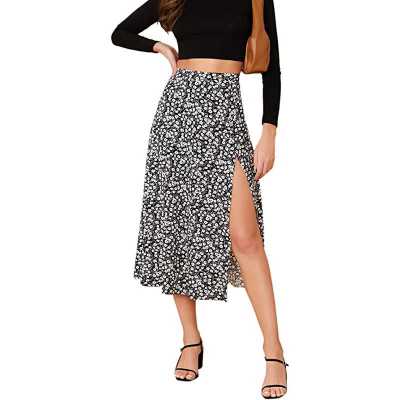 Women's Sexy Boho Floral Split Thigh High Waist Swing Midi Skirt