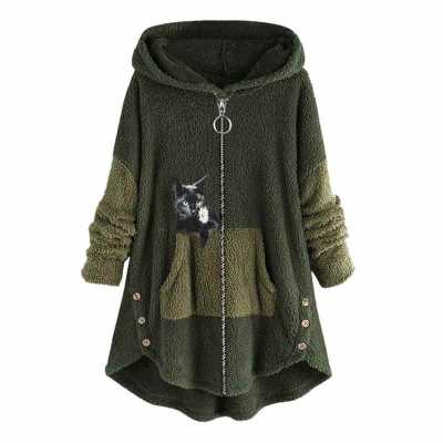 Women Fluffy Plush Coat Winter Warm Kawaii Cat Printed Hooded Jackets Loose Zipper Plus Velvet Fleece Coats Thick Outerwear