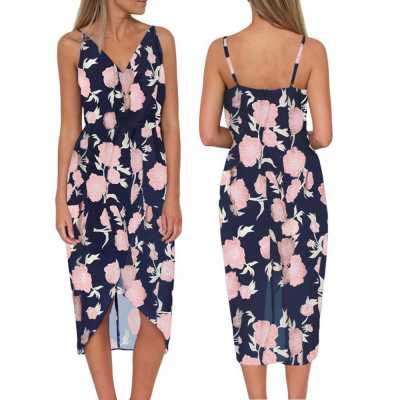 Floral Spaghetti Dress 2020 Women Lady V neck Camisole Sleeveless V neck Suspender Printed Irregular Dress #3