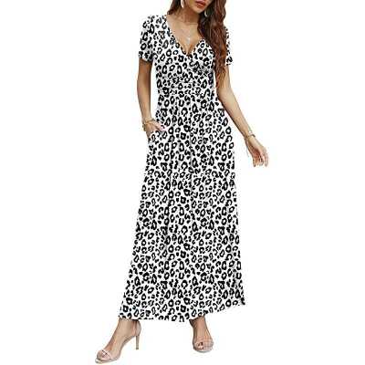 Women Long Sleeve Deep V-Neck Casual Long Dress Pleated Waist Maxi Dresses with Pockets