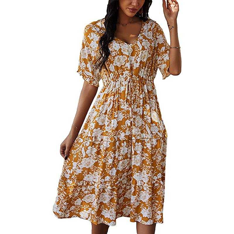 Trying on  Bohemian Short Sleeve Dress