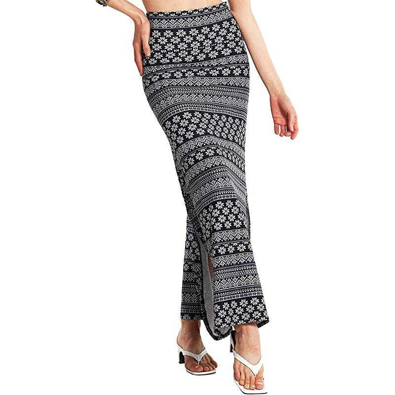 Women Fold-Over Long Maxi Skirts with Elastic High Waist & Side Slits