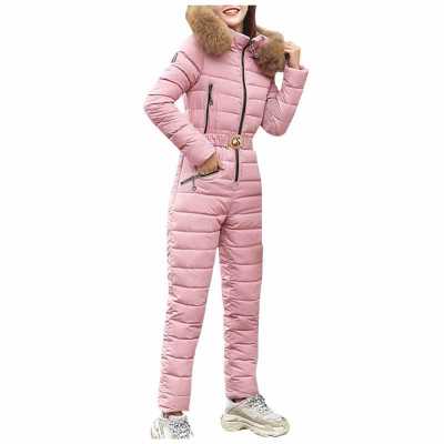 One Piece Ski Suit Women Jackets Winter Hooded Parka Jumpsuit Women Cotton bodysuit Sashes Jumpsuits Zipper Overalls Tracksuits
