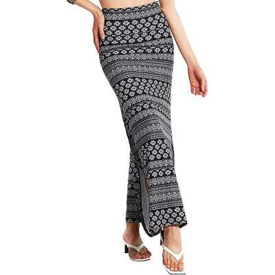 Women Fold-Over Long Maxi Skirts with Elastic High Waist & Side Slits
