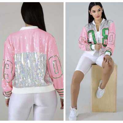 Sequin Long O Neck  Pink green  08   Sorority Sequin Jackets   Outerwear & Coats