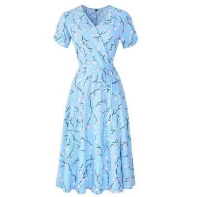 V Neck office dress Holiday Floral Print dress women summer 2019 Ladies Short Sleeve Party Dress  #35