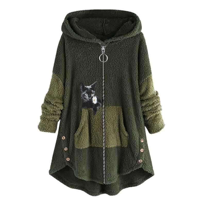 Women Fluffy Plush Coat Winter Warm Kawaii Cat Printed Hooded Jackets Loose Zipper Plus Velvet Fleece Coats Thick Outerwear