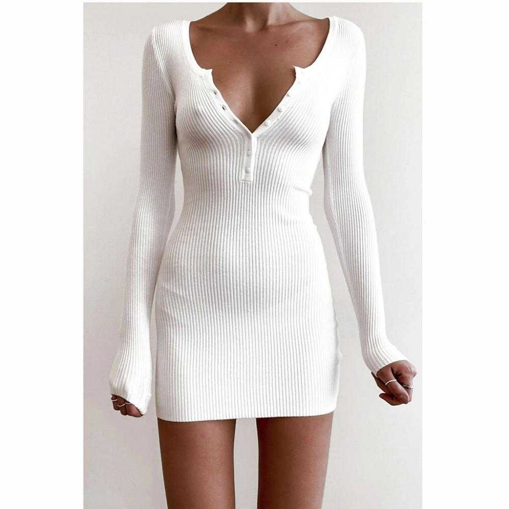 Autumn Dress 2020 Fall Women Sexy Casual Knit Sheath Mini Dresses Ladies Solid V Neck Chest Button Short Sleeve Bodycon Dress
